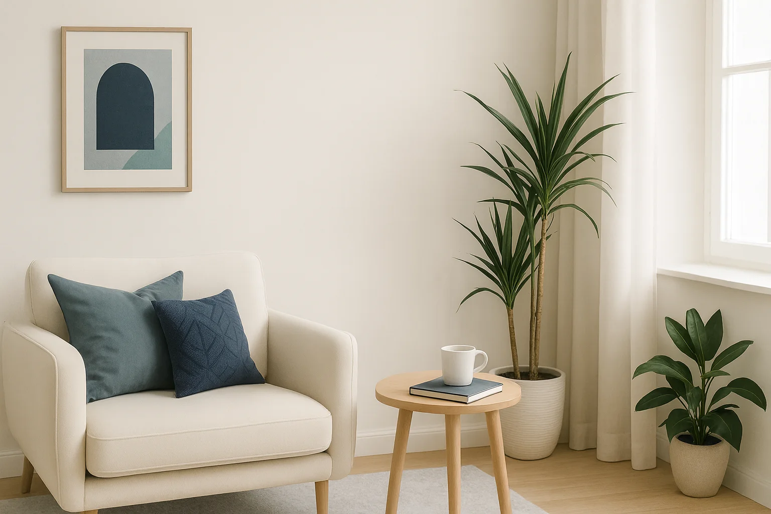 chair with blue pillows, plants, coffee or tea, table, and art