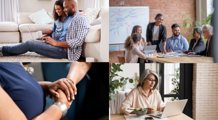 4-in-1 picture. Top left picture is a couple looking at their laptop smiling while sitting on the floor in front of their couch. The man and woman are both wearing jeans. The top right photo is a meeting space with a diverse group of men and women discussing numbers and strategy. The room has exposed brick. Everyone is dressed business casual in the flex space. The bottom left is two hands shaking. One with a silver bracelet gripping the other hand. The bottom right pic has an elder woman looking at her laptop reviewing the advice and plan she has received while sitting on her couch at home.